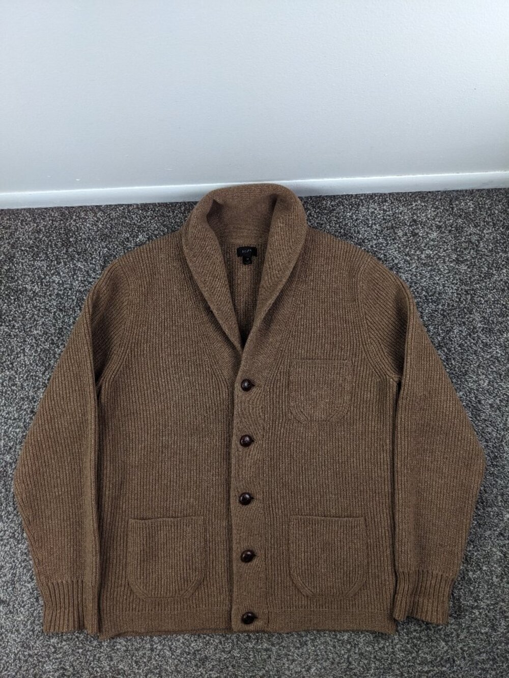 J Crew Sweater Thick Lambswool Shawl Cardigan Rib Knit Brown Mens Medium